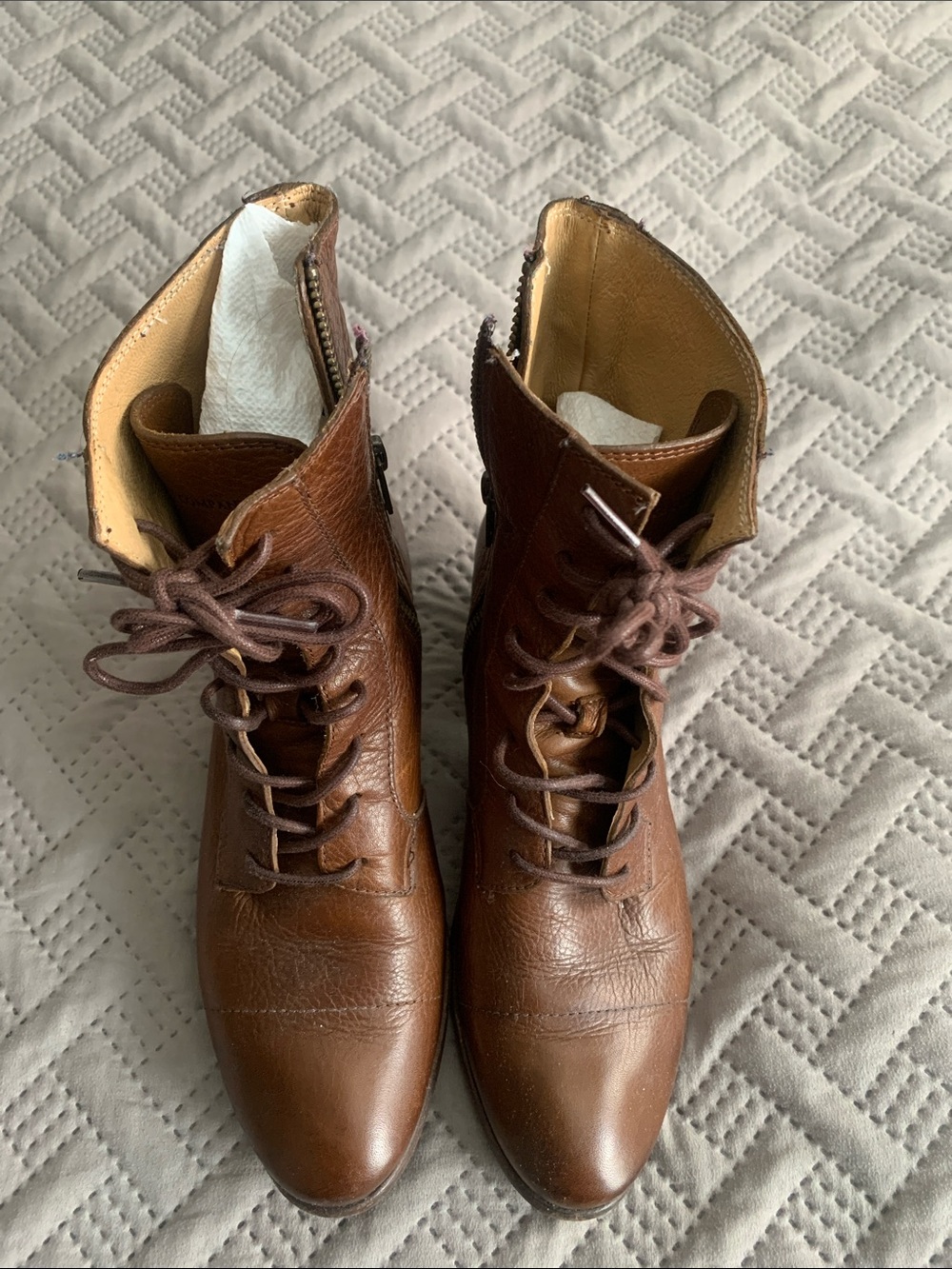 Frye Brown Leather Lace-Up Mid Heel Boots